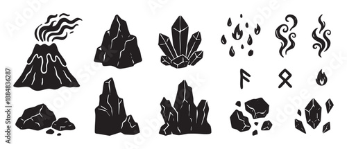 Collection of black linocut style fantasy icons featuring an erupting volcano, mineral crystals, mountain rocks, fire elements, and ancient magical runic symbols