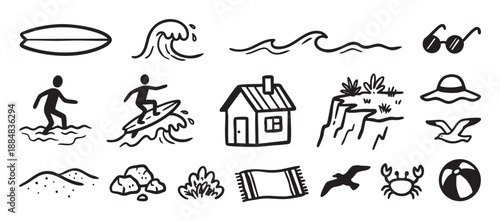 Hand-drawn black and white beach icons set with a surfer, surfboard, wave, crab, and other summer vacation elements in a simple doodle style