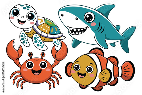 A colorful illustration of cartoon sea creatures including a turtle, shark, crab, and clownfish.