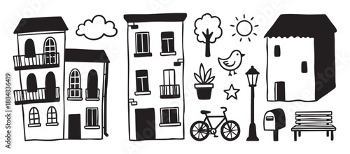Charming collection of hand-drawn black city life doodle icons featuring apartment buildings, a bicycle, a park bench, a tree, and a bird in a whimsical cartoon style