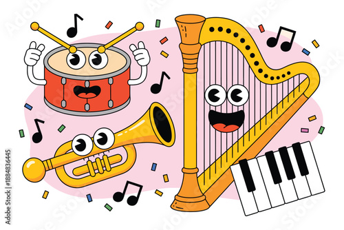 A colorful cartoon illustration of musical instruments with smiling faces and confetti