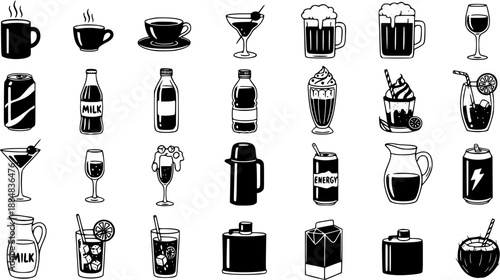 Black and White Line Art Vector Icons of Assorted Drinks and Beverages