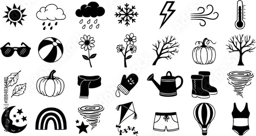 Hand-Drawn Black and White Line Art Weather and Seasons Icons Collection. Glyph symbols for nature, climate, outdoor activities, holidays, and travel concepts.