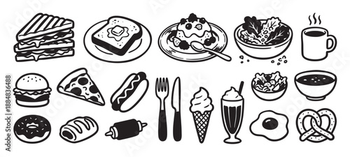 Collection of black and white food icons featuring various meals like sandwiches, pizza, burgers, and desserts, rendered in a simple hand-drawn doodle style illustration