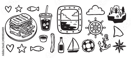Hand-drawn black and white doodle set featuring nautical and food elements like a sandwich, sailboat, anchor, and porthole, created in a simple, charming sketch illustration style