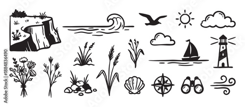 Collection of hand-drawn black and white seaside icons featuring a lighthouse, sailboat, cliff, wave, and other nautical and nature elements
