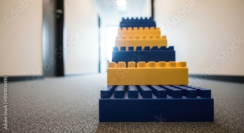 Colorful Building Blocks Towering in a Modern Office Space for Creative Business Solutions