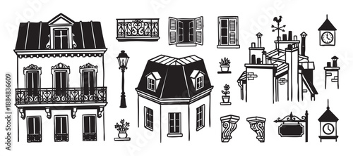 Various black hand-drawn architectural illustrations of European-style buildings, rooftops, windows, balconies, and street elements in a charming, vintage graphic sketch style
