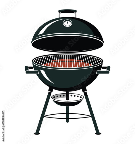 A black barbecue grill with its lid open and red coals visible inside on a white background