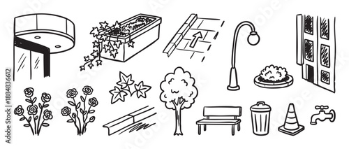 Hand-drawn set of black urban icons featuring a park bench, street lamp, tree, flowers, and building elements in a simple monochrome sketch style for city life concepts