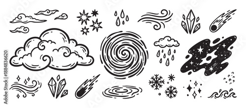 Set of hand-drawn weather and nature doodle illustrations featuring clouds, stars, wind, rain, and celestial elements in a simple black and white line art graphic style