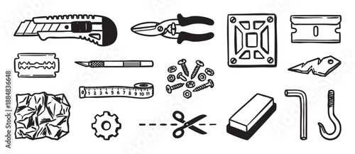 Collection of hand-drawn hardware tools and craft supplies in a black and white doodle style, including a knife, scissors, screws, blades, and a measuring tape for DIY projects