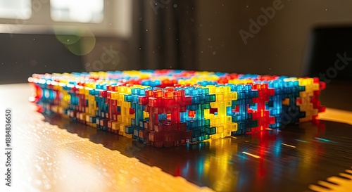 Colorful Interlocking Blocks: A Playful Construction on a Wooden Table, bathed in natural light