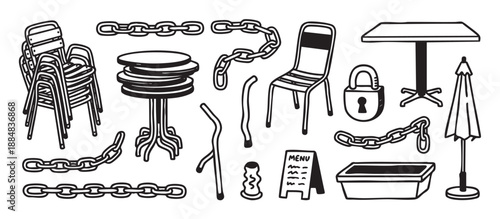 Hand-drawn set of closed cafe illustrations featuring stacked chairs, tables, chains, and a padlock in a simple black and white doodle style for business closure concepts