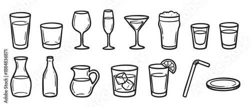 Various hand drawn drink and glassware icons in a simple black line art style, including wine, beer, cocktail, and water glasses, a pitcher, bottle, straw, and coaster