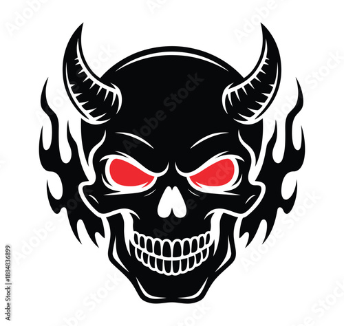 A devilish skull with red eyes and horns surrounded by flames on a white background