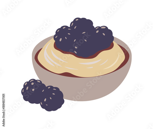 A bowl of creamy dessert topped with fresh blackberries on a plain background
