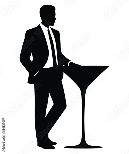 A silhouette of a man in a suit standing next to a martini glass on a white background