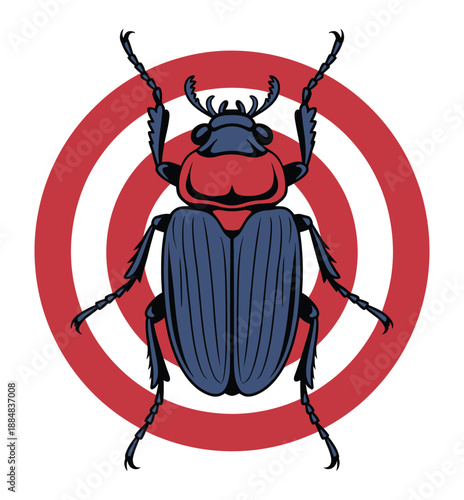 A colorful illustration of a beetle in front of a red and white target