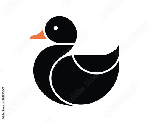 A minimalist black duck logo with an orange beak on a white background