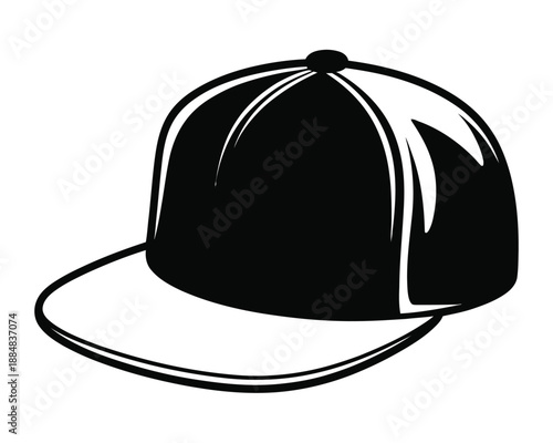 A black and white illustration of a baseball cap with a curved brim