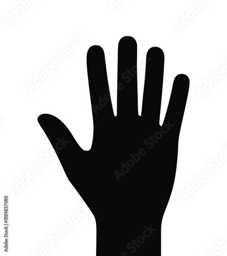 A black silhouette of a human hand raised with fingers spread apart on a white background