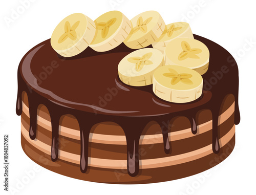 A delicious chocolate cake with banana slices on top and chocolate drizzle