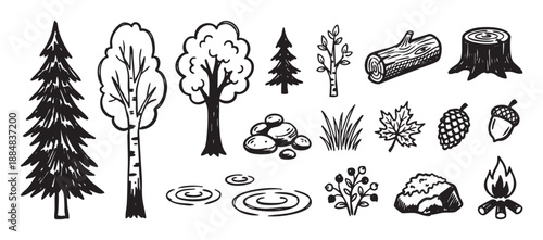 Hand-drawn forest and camping doodle icons set with various black and white sketch illustrations of trees, a campfire, log, stump, leaf, pinecone, and acorn