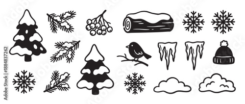 Collection of black and white winter doodles featuring a Christmas tree, snowflakes, a bird, and a log in a simple hand-drawn icon style for seasonal holiday design