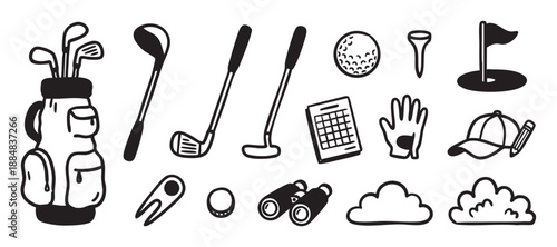Collection of hand-drawn golf equipment icons including a bag, clubs, ball, tee, flag, and glove in a simple black and white doodle style for sports and recreation themes