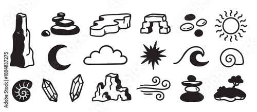 Set of black and white nature icons featuring hand-drawn symbols of the sun, moon, rocks, waves, and wind in a simple, minimalist graphic style for spiritual or elemental concepts