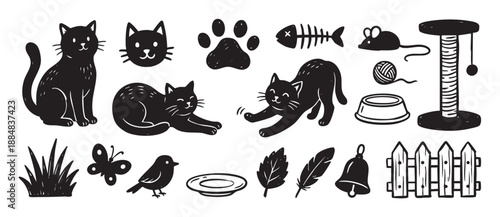 Hand-drawn black cat and pet accessories collection with cute kittens, toys, a fishbone, and a paw print in a whimsical doodle style illustration set