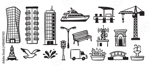 Large set of black city life icons featuring buildings, transport, and urban landmarks in a hand-drawn doodle style for graphic design and creative projects