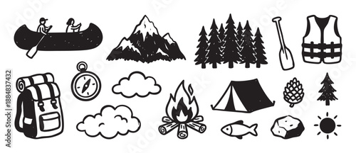 Hand-drawn black and white camping icons set with a tent, campfire, mountain, canoe, and backpack for outdoor adventure themes in a simple doodle sketch style illustration