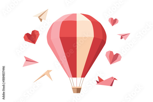 A colorful hot air balloon surrounded by paper airplanes and hearts in the air.