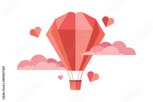 A vibrant pink hot air balloon floats gently through the sky surrounded by fluffy clouds and hearts
