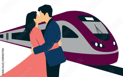 A romantic couple sharing a kiss in front of a modern purple train