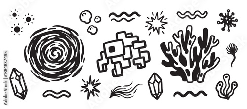 Collection of hand-drawn black ink doodles featuring abstract shapes, a pixelated figure, coral, crystals, and other symbolic elements in a graphic, monochrome sketch style