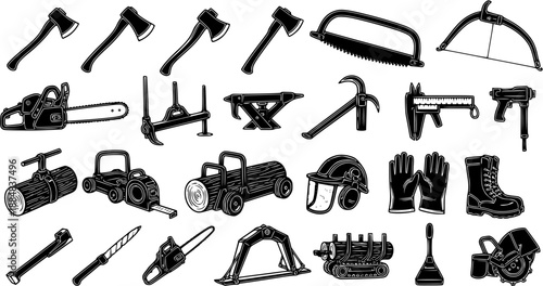 Black and White Line Art Illustration of Forestry and Construction Tools