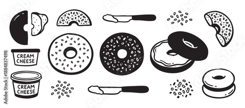 Hand drawn bagel and cream cheese illustrations in a charming doodle style set, featuring whole and sliced bagels with seeds, tubs of spread, and a knife