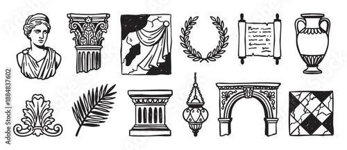 Set of hand-drawn ancient Greco-Roman illustrations featuring a classical bust, column, amphora, laurel wreath, and architectural elements in a black and white sketch style