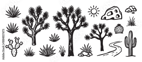 Set of hand-drawn desert landscape elements in a black ink doodle style, featuring joshua trees, saguaro and prickly pear cacti, shrubs, rocks, and a stylized sun icon