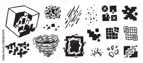 Collection of hand-drawn black doodle icons depicting destruction, digital glitch, and error symbols, including a broken cube, tornado, shattered grid, and abstract chaos elements