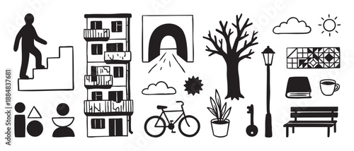 Hand-drawn collection of black urban life icons featuring a building, bicycle, tree, and person, rendered in a simple graphic doodle style for various design concepts