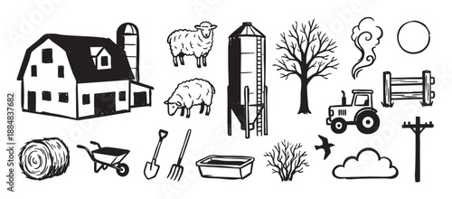 Collection of hand-drawn farm icons including a barn, sheep, tractor, and silo in a simple black and white sketch style, representing agriculture and rural life