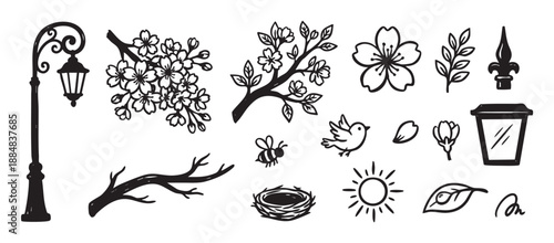 Collection of hand-drawn spring icons featuring a lamppost, cherry blossoms, a bird, nest, bee, and sun, rendered in a charming black ink doodle style for seasonal design
