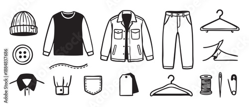 Collection of hand-drawn clothing and sewing icons including a jacket, pants, sweater, and tailoring tools in a simple black and white doodle style illustration set