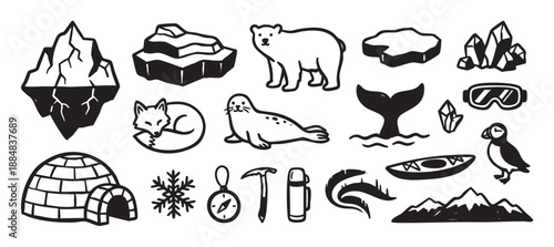 Hand-drawn set of black arctic icons featuring a polar bear, fox, seal, iceberg, and igloo in a simple monochrome doodle style for winter and exploration concepts
