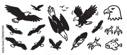 Collection of black eagle illustrations in a hand-drawn doodle style shows various poses like flying, diving, and landing, along with a head portrait, talons, and a feather
