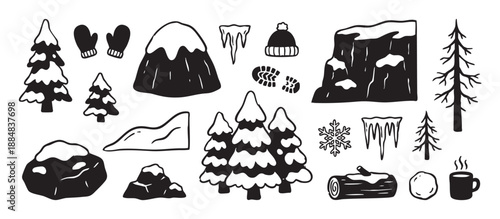 Collection of hand-drawn winter icons featuring snowy trees, mountains, mittens, and a hot drink in a simple black and white doodle style for seasonal design